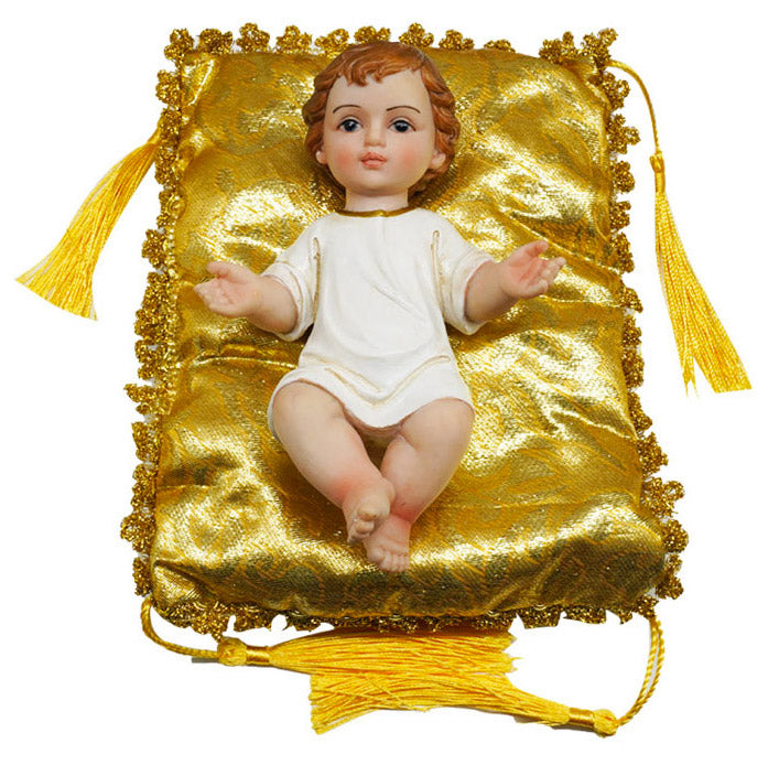 Gesù Bambino 15 cm in Resina con Cuscino Dorato