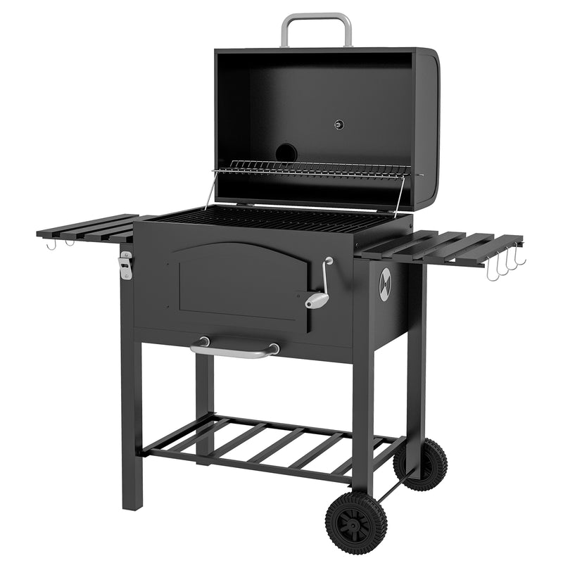 Barbecue da Giardino a 2 Ruote con Griglia Affumicatore e Fornello 124x66x112 cm in Metallo e Ghisa Nero-1