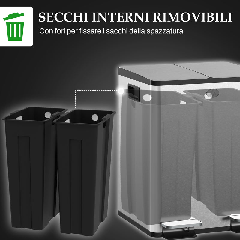 Pattumiera a Pedale 2 Sezioni da 20L 45,8x36x51,6 cm in Acciaio Inox e PP  -7