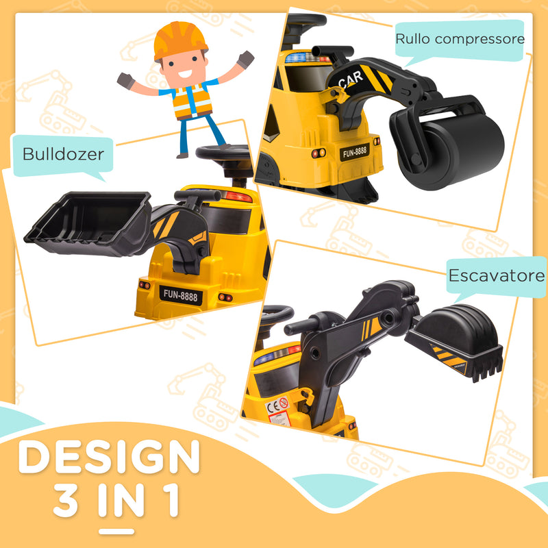 Escavatore Ruspa Cavalcabile per Bambini 3 in 1 100x43x48,5 cm con Volante e Benna di Scavo Giallo e Nero-4