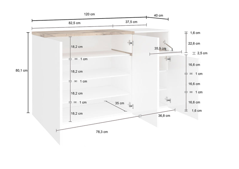 Scarpiera 3 Ante Battenti 1 Antina a Ribalta 120x40x80,1 cm Zet Bianco Lucido e Acero Pereira-4