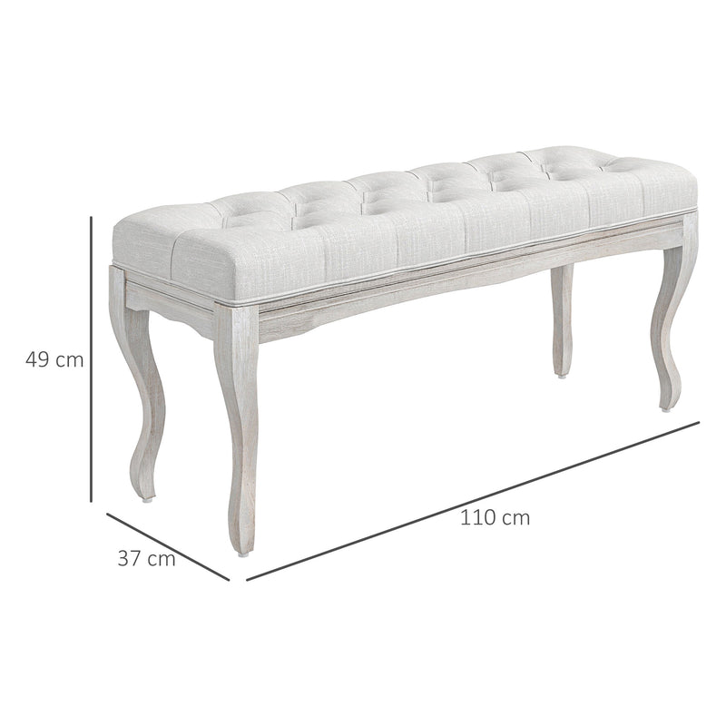 Panca Fondoletto Stile Vintage 110x37x49 cm in Tessuto Effetto Lino Bianco Crema  -3