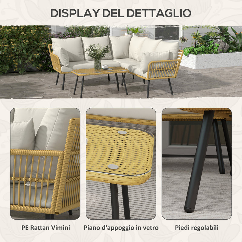 Set Salotto da Giardino Divano Angolare e Tavolino in Rattan e Poliestere Bianco Crema-6