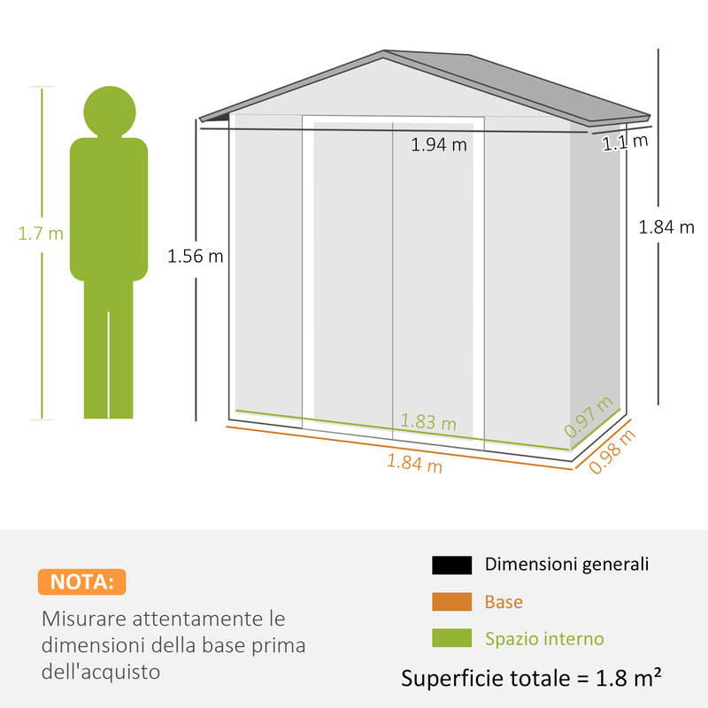 Casetta Box da Giardino con Doppia Porta Scorrevole 4 Prese d'Aria 194x110x184 cm in Acciaio Zincato Grigio -3