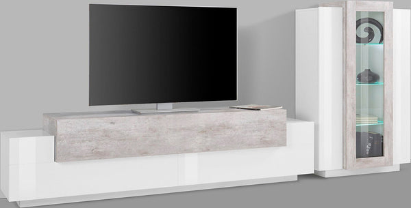 Parete Attrezzata Soggiorno Porta TV 200x45x51,6 cm con Vetrina Coro Bianco Lucido e Cemento acquista