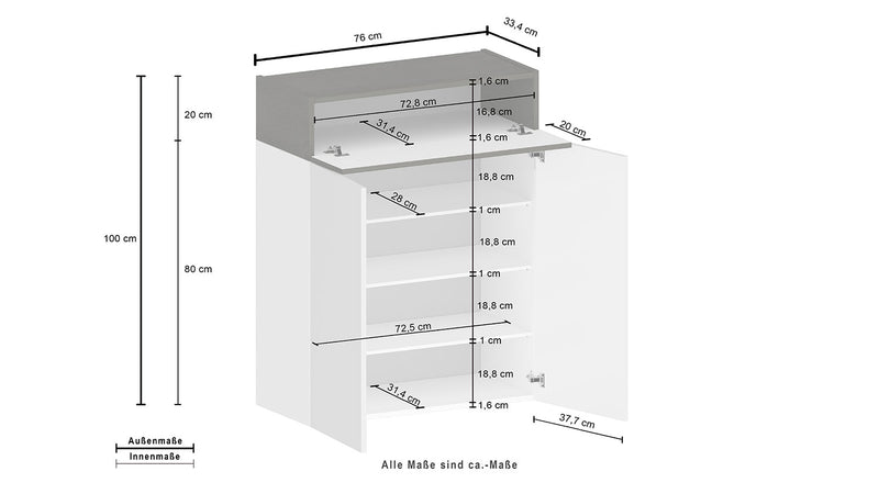 Scarpiera 2 Ante e 1 Ripiano a Ribalta 76x35x100 cm Savona 2A 1R Bianco Opaco/Rovere Wotan  -6