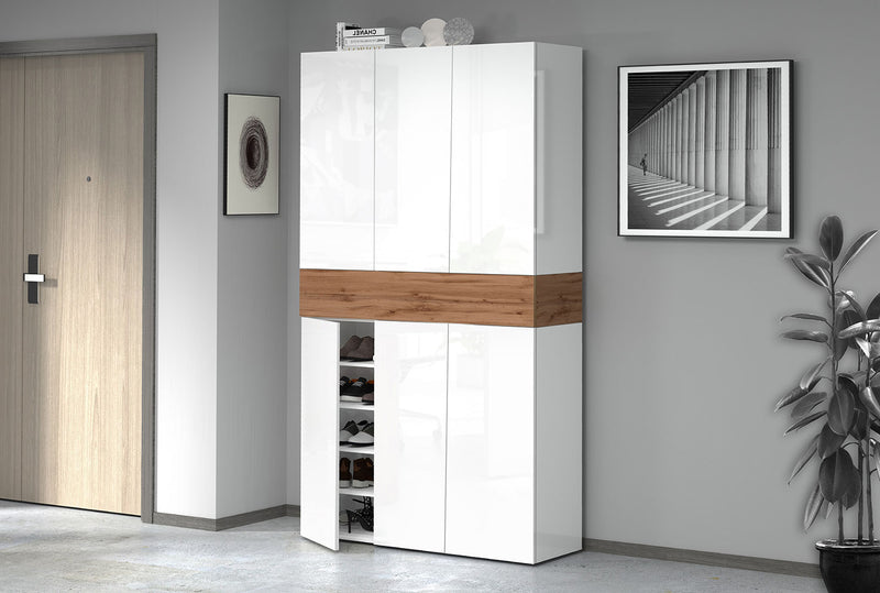 Armadio Scarpiera 6 Ante e 1 Ripiano a Ribalta 114x35x200 cm Savona 6A 1R Bianco Opaco/Rovere Wotan  -1