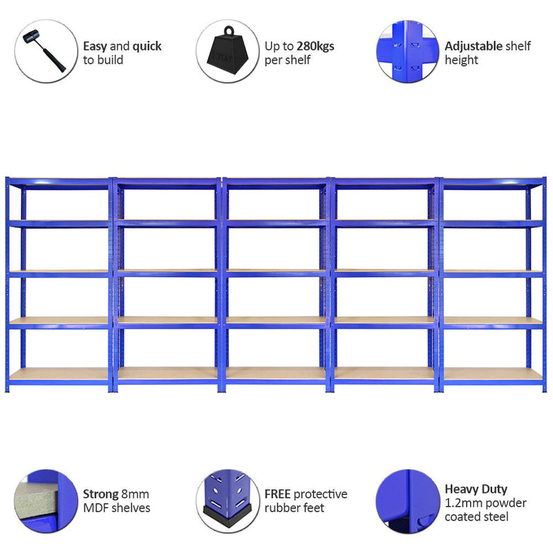 Set 5 Scaffali Senza Bulloni 90x45x180 cm con Connettori in Acciaio Blu -2