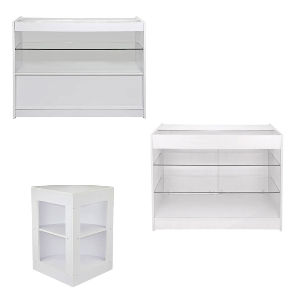 sconto Set 3 Banconi Negozio Modulari Ripiani in Vetro in Laminato Bianco Brillante