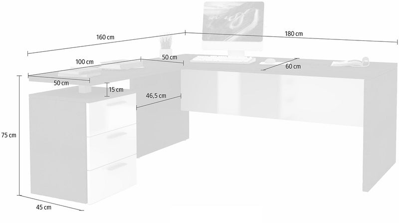 Scrivania Angolare 180/160x60x75cm cm New Selina Bianco Lucido e Ardesia-5