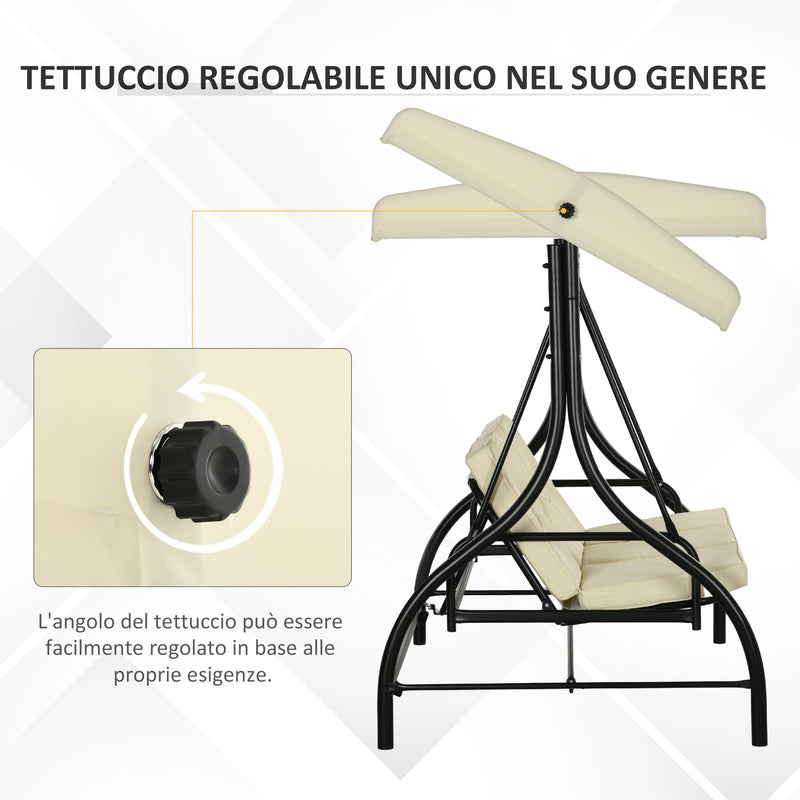 Dondolo da Giardino 3 Posti con Tettuccio Regolabile in Metallo e tessuto Teslin Beige e Nero-4