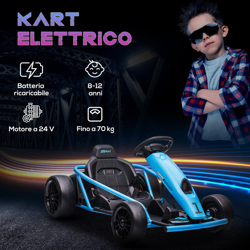 Go Kart Elettrico per Bambini 24V 13km/h Schienale Alto e Cintura di Sicurezza Blu e Nero  -4