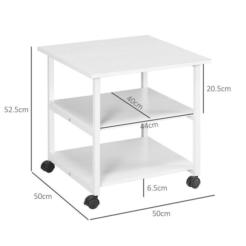 Carrello Porta Stampante a 3 Ripiani con 4 Ruote 50x50x52,5 cm Legno e Acciaio Bianco-3