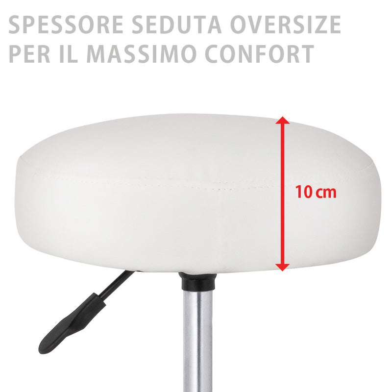 Sgabello Estetista Girevole Seduta Imbottita 10cm Ecopelle Salone Studio Bianco-3