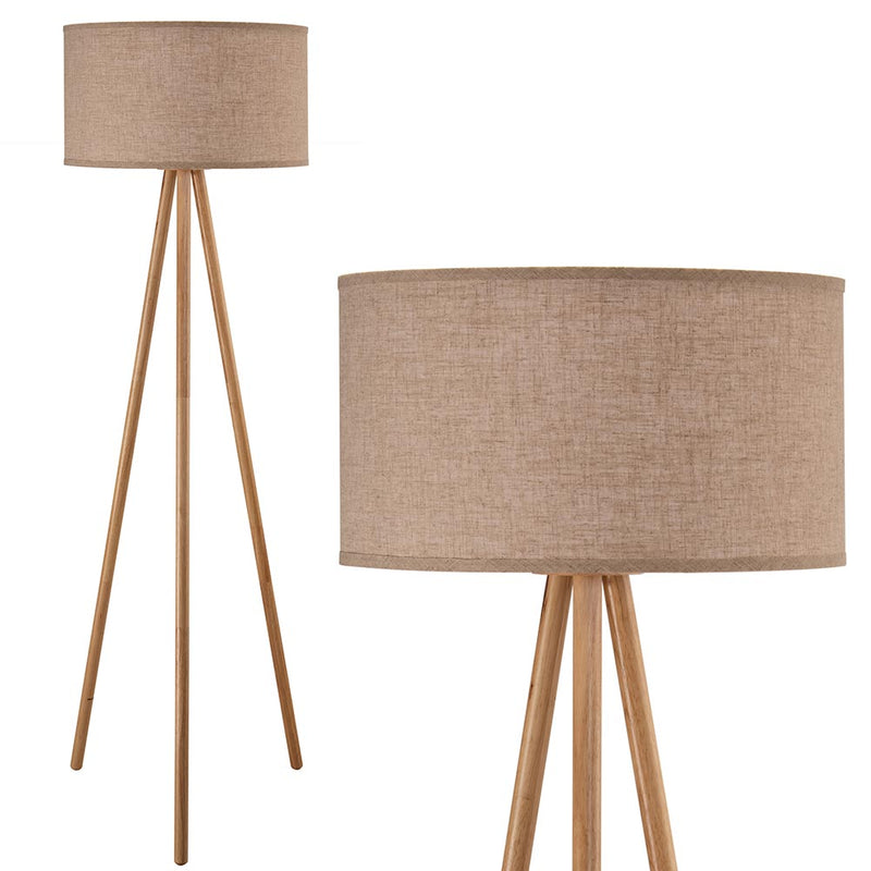 Lampada Piantana Terra Design Moderno in Legno Paralume Tessuto Luce E27 Beige-1