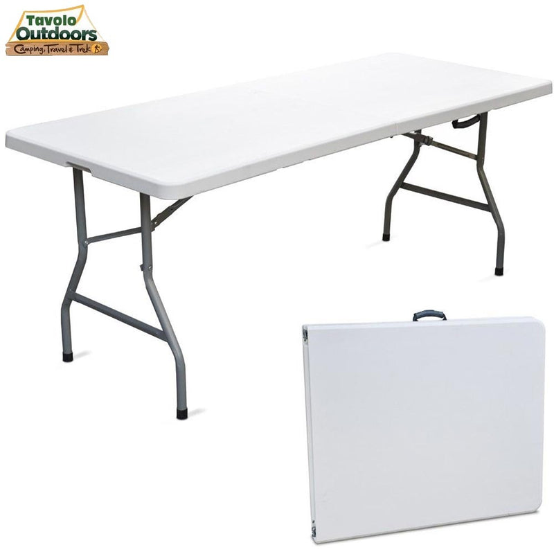 Tavolo Catering Rettangolare Pieghevole 183x76x72cm in Resina e Metallo Bianco-1