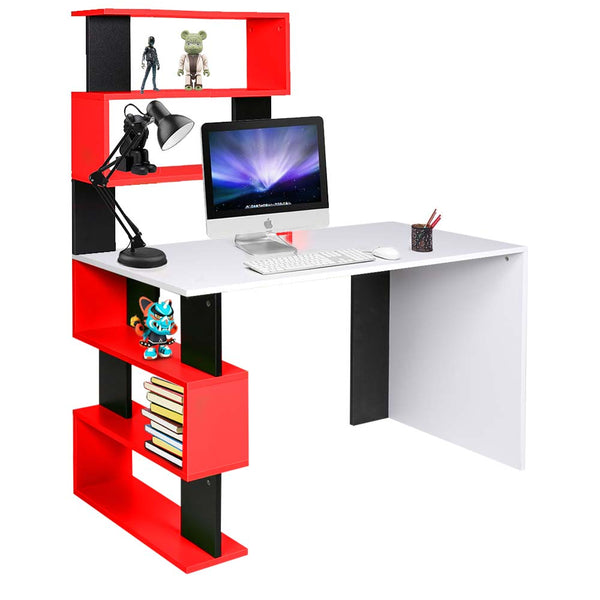 online Scrivania Libreria 7 Ripiani Tavolo Porta Pc Computer Legno Casa Ufficio Rosso