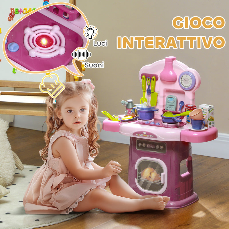 Cucina Giocattolo per Bambini 51x21x60 cm 38 Pezzi e Suoni Realistici Rosa -4