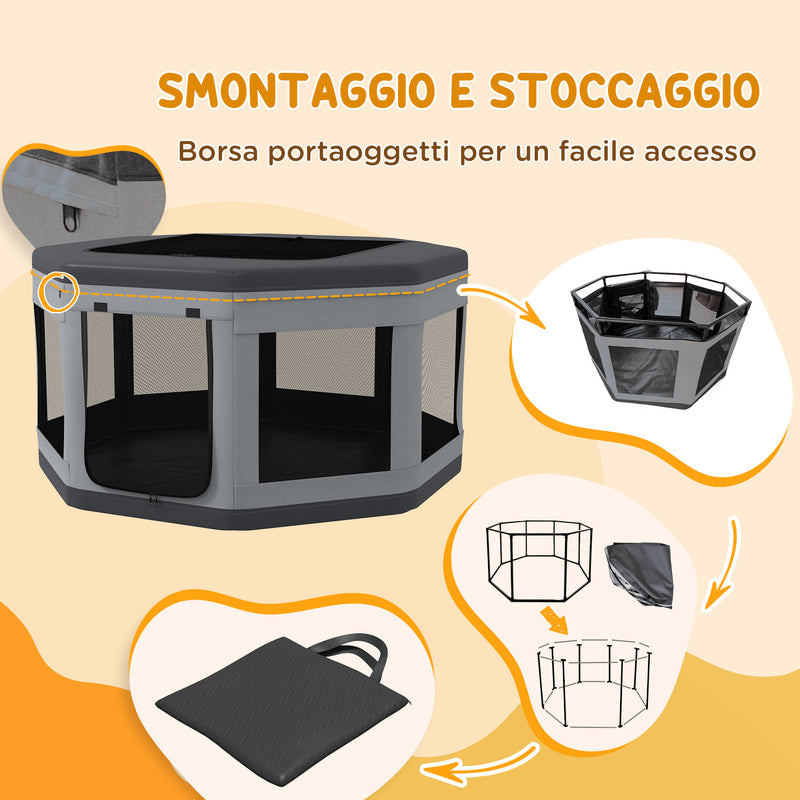 Box per Cani e Gatti con 7 Finestre e 2 Ingressi Ø124x62 cm in tessuto Oxford Nylon e PP Grigio e Nero-6