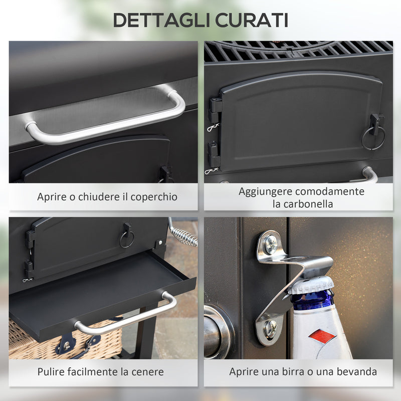 Barbecue da Giardino a 2 Ruote con Griglia Affumicatore e Fornello 124x66x112 cm in Metallo e Ghisa Nero-8