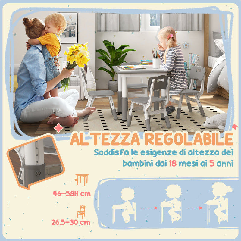 Set Tavolo con 4 Sedie per Bambini Altezza Regolabile Grigio  -4