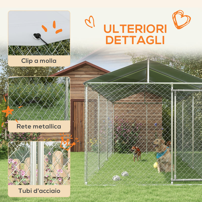 Kennel per Cani da Esterno 6x2,3x2,3m con Tetto Impermeabile in Tessuto Oxford e Acciaio Argento-7