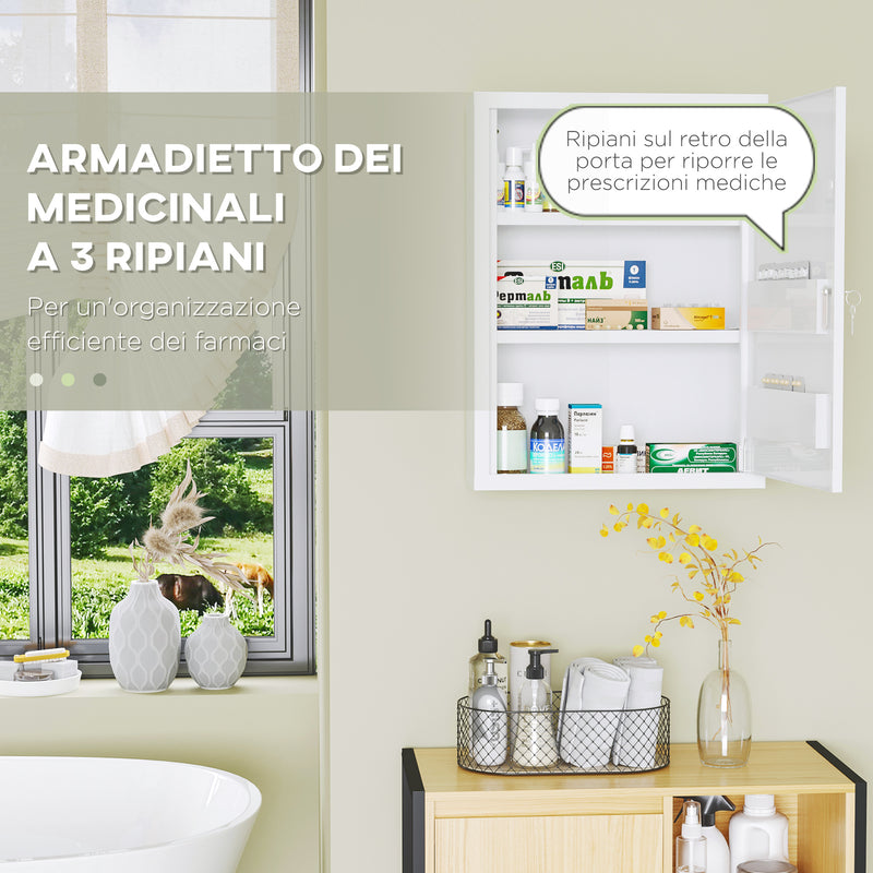 Armadietto Medicinali a 3 Ripiani con Serratura e 2 Chiavi 40x15x53,5 cm in Acciaio Bianco-5