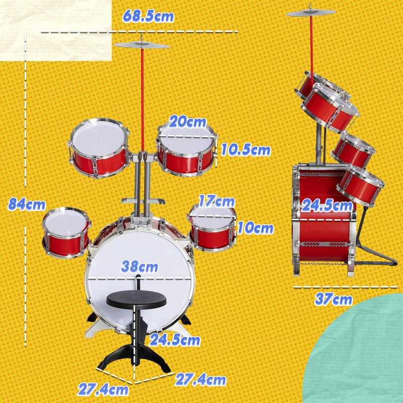 Batteria Musicale Giocattolo per Bambini Grancassa 4 Tamburi e Piatti con Bacchette e Sgabello Rosso  -3