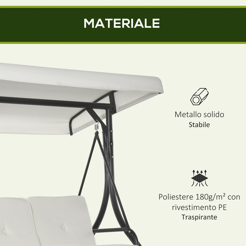 Dondolo Letto da Giardino 3 Posti con Tettuccio Regolabile 195x117x175 cm in Acciaio e Poliestere Crema e Nero-7