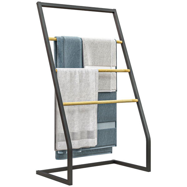 acquista Piantana Portasciugamani da Bagno da Terra 4 Sbarre 60x35x102 cm in Bambù e Acciaio Nero