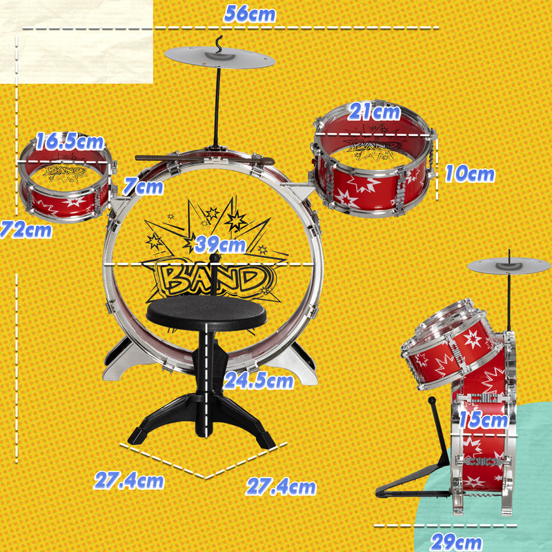Batteria Musicale Giocattolo per Bambini Grancassa 2 Tamburi e Piatti con Bacchette e Sgabello Rosso  -3