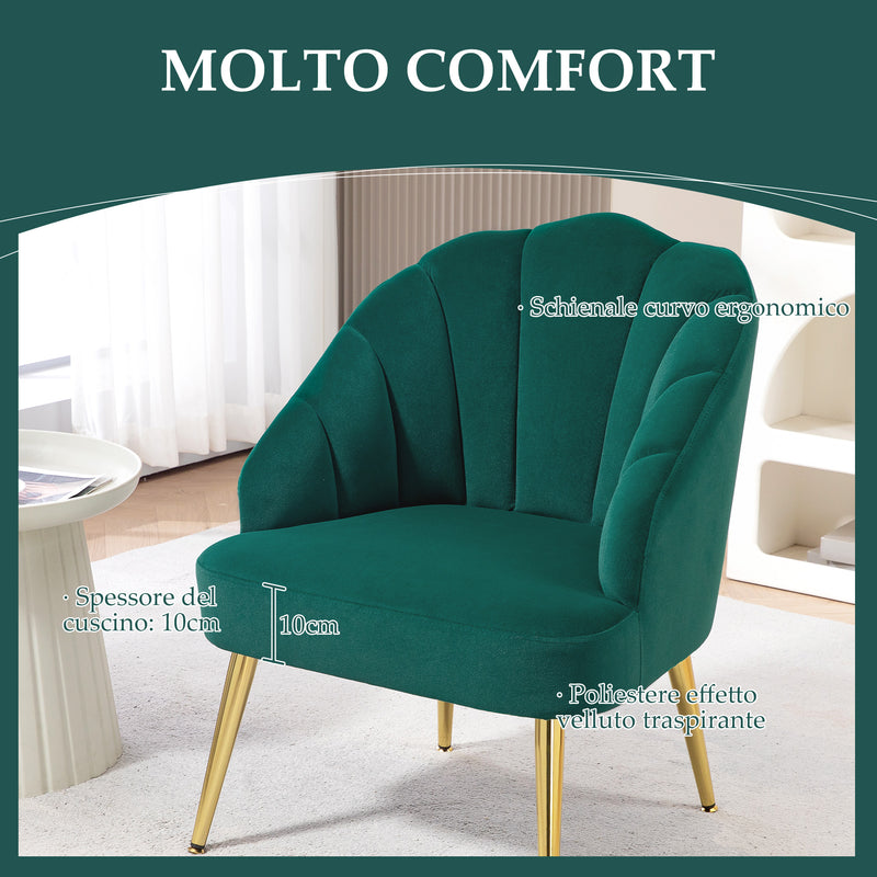 Poltrona a Conchiglia Stile Art Deco 63x65x84 cm in Velluto Verde  -4