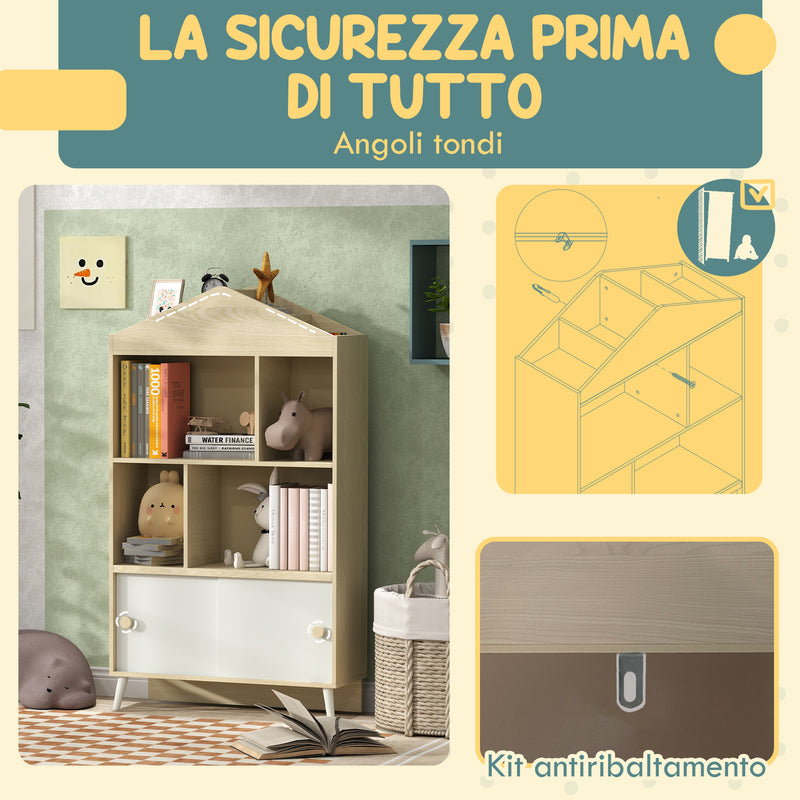 Libreria per Bambini con Ripiani Aperti e Armadietto 80x30x140,5 cm Bianco e color Legno  -6