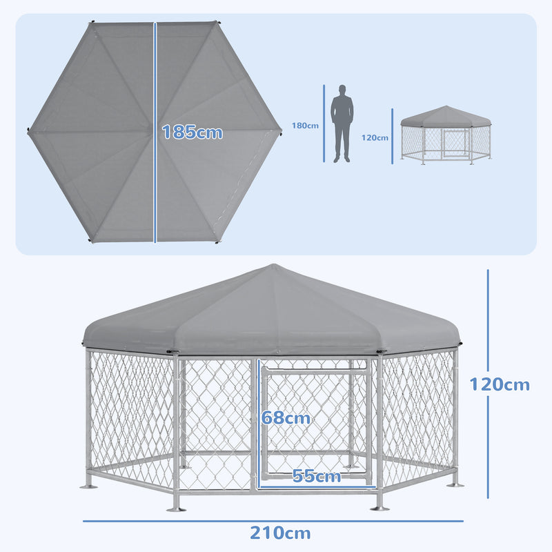 Recinto per Cani Taglia Grande 2,1x1,85x1,2m Tetto in Tessuto Oxford Anti UV Argento e Grigio-3