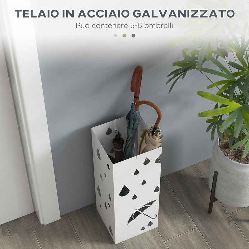 Portaombrelli con 4 Ganci e Vaschetta Raccogligocce 15,5x15,5x41cm in Metallo Bianco -4