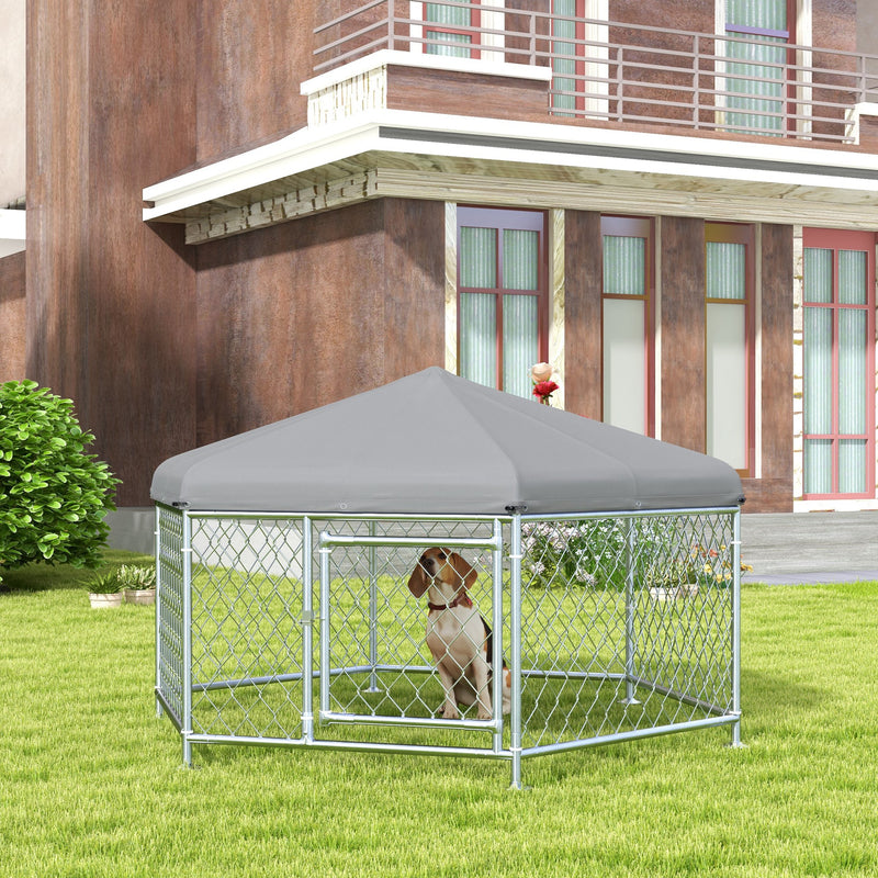 Recinto per Cani Taglia Grande 2,1x1,85x1,2m Tetto in Tessuto Oxford Anti UV Argento e Grigio-2