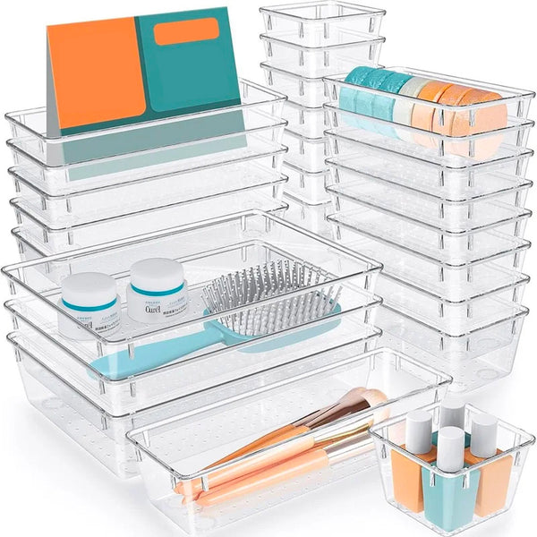 Set 25 Contenitori Organizer per Cassetti in Plastica Trasparente Divisorio Salvaspazio sconto