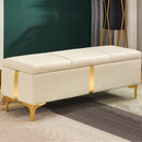 Cassapanca Contenitore Beige in Ecopelle con Piedini in Metallo Oro Panca Pouf-1