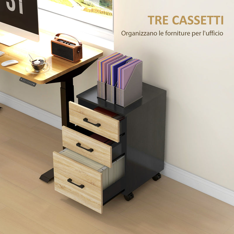 Cassettiera Ufficio con 3 Cassetti e Ruote 40x42x65 cm in Truciolato Rovere e Nero-4