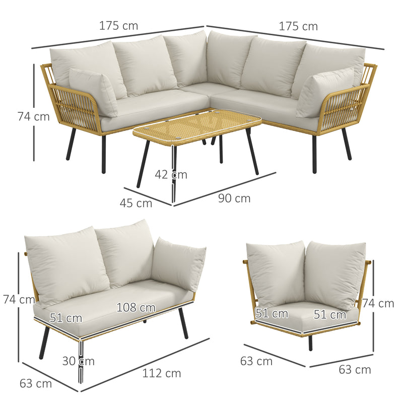 Set Salotto da Giardino Divano Angolare e Tavolino in Rattan e Poliestere Bianco Crema-3