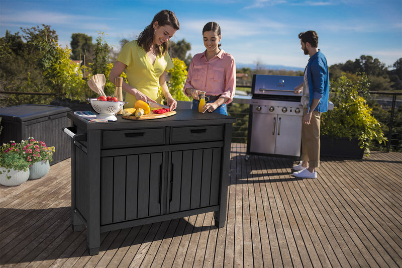 Tavolino per Barbecue 134x90x52 cm con Cassetti e Accessori Keter Unity XL Grafite-6