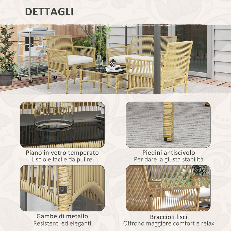 Set Salotto da Giardino in Rattan sintetico Tavolino 3 Poltrone con Divano con Cuscini Naturale-7