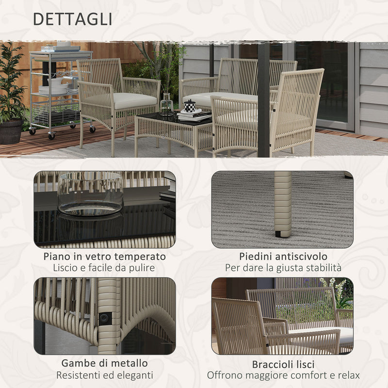 Set Salotto da Giardino in Rattan sintetico Tavolino 2 Poltrone con Divano con Cuscini Cachi-5