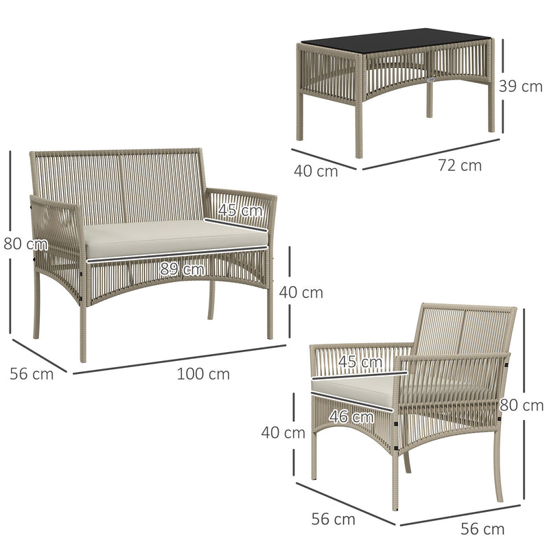 Set Salotto da Giardino in Rattan sintetico Tavolino 2 Poltrone con Divano con Cuscini Cachi-8