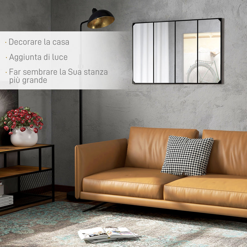 Specchio da Parete in Stile Industriale con 4 Ganci 109x2x69 cm in Vetro Multistrato Metallo e MDF Nero-4