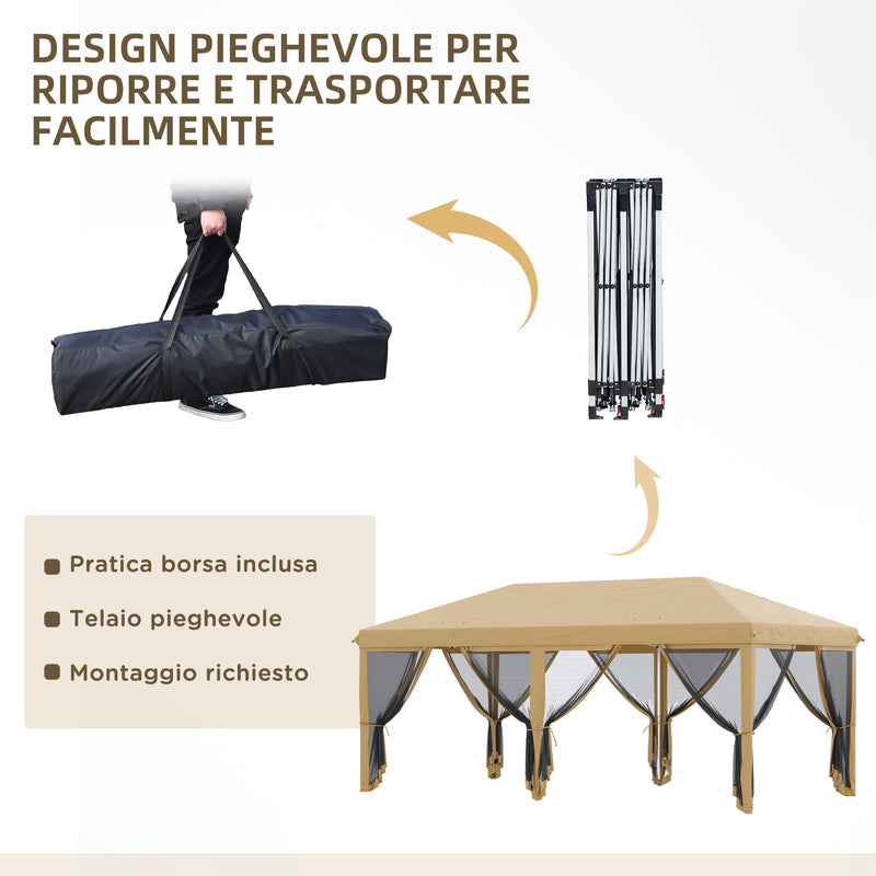 Gazebo da Giardino 6x3m Pieghevole con Zanzariera Altezza Regolabile e Borsa di Trasporto Beige-5