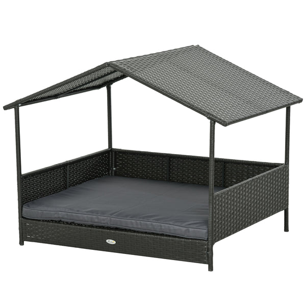 acquista Casetta per Cani Rialzata con Cuscino Sfoderabile 117x85x89 cm in Rattan PE e Acciaio Grigio e Marrone