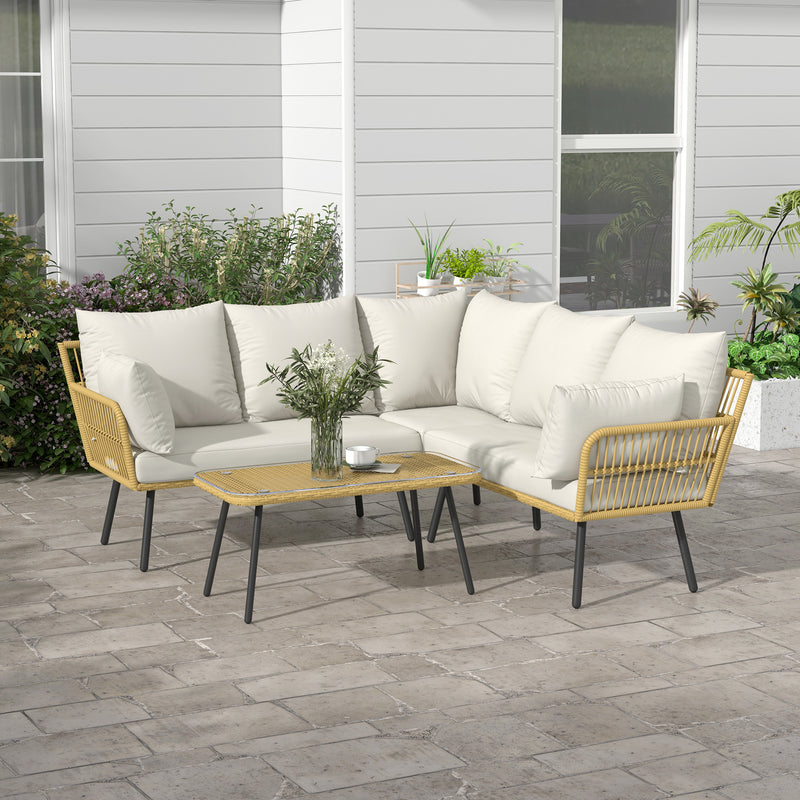 Set Salotto da Giardino Divano Angolare e Tavolino in Rattan e Poliestere Bianco Crema-2