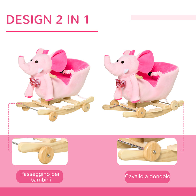 Cavallo a Dondolo per Bambini in Legno e Peluche Elefante Rosa    -4