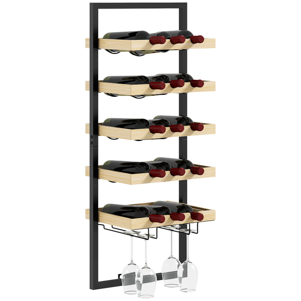 prezzo Portabottiglie da Parete per 15 Bottiglie e 4 Calici 35x25x86cm in Legno e Acciaio